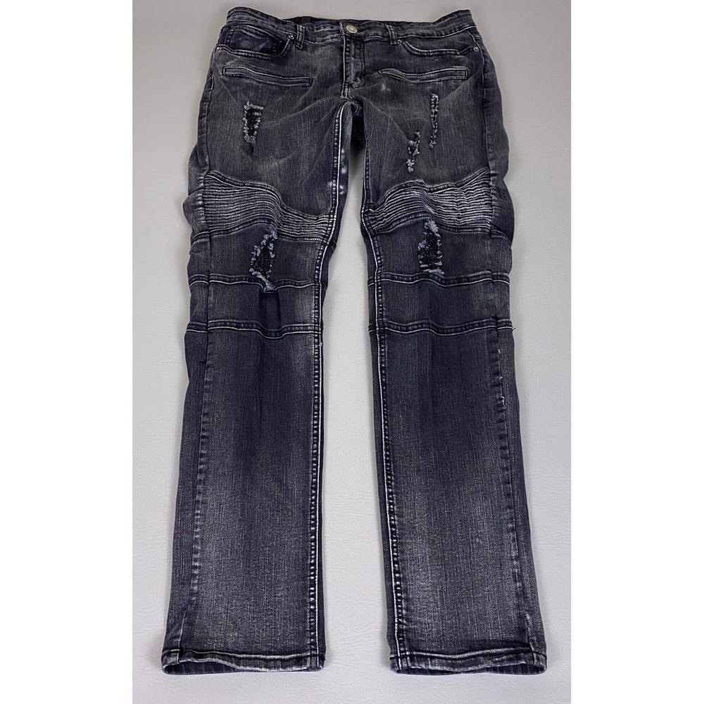 Rue21 Jeans Men's 34x34 Skinny Supreme Flex Black Distressed Moto Biker Ribbed